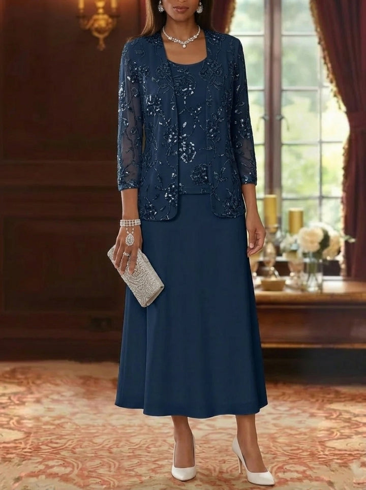 A-Line/Princess Scoop Chiffon Mother of the Bride Dresses with Jacket Sequins Tea-Length 3/4 Sleeves Floral