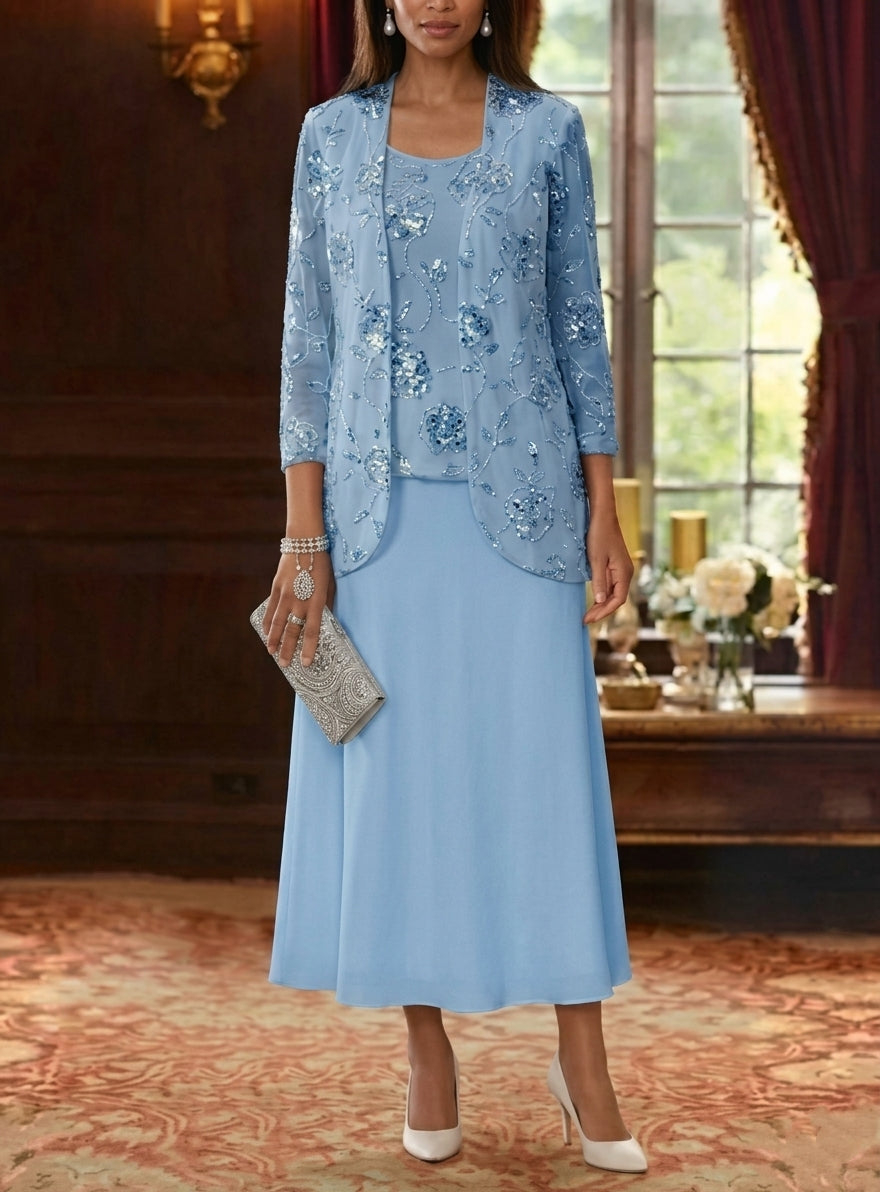 A-Line/Princess Scoop Chiffon Mother of the Bride Dresses with Jacket Sequins Tea-Length 3/4 Sleeves Floral