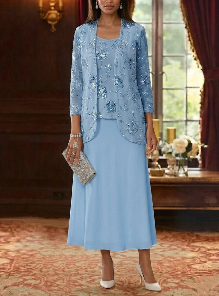 A-Line/Princess Scoop Chiffon Mother of the Bride Dresses with Jacket Sequins Tea-Length 3/4 Sleeves Floral