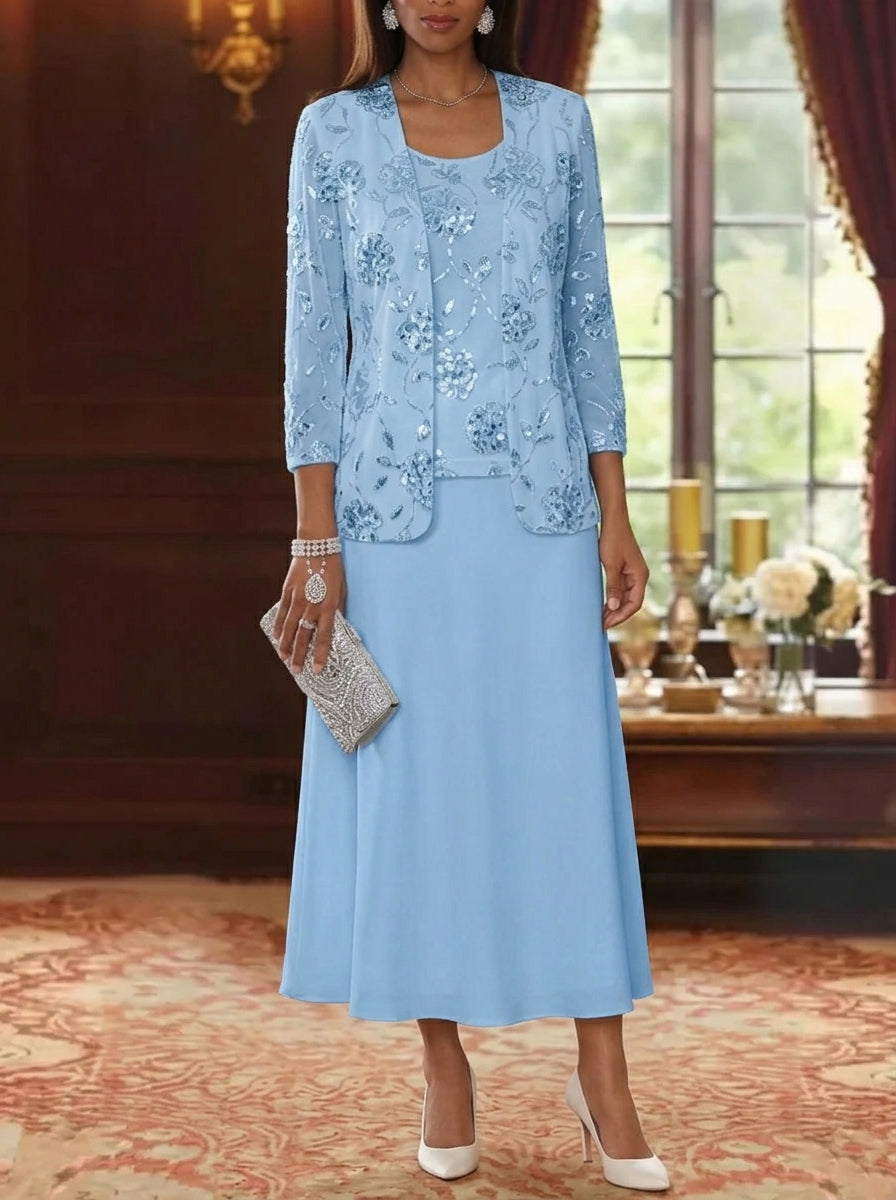 A-Line/Princess Scoop Chiffon Mother of the Bride Dresses with Jacket Sequins Tea-Length 3/4 Sleeves Floral