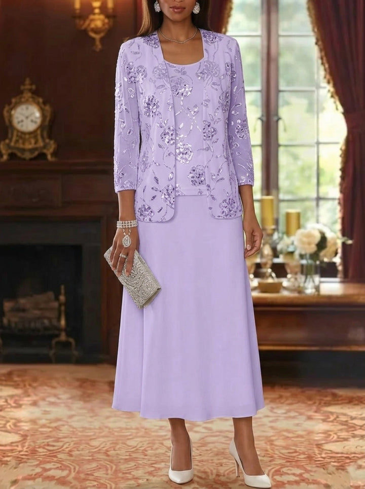 A-Line/Princess Scoop Chiffon Mother of the Bride Dresses with Jacket Sequins Tea-Length 3/4 Sleeves Floral