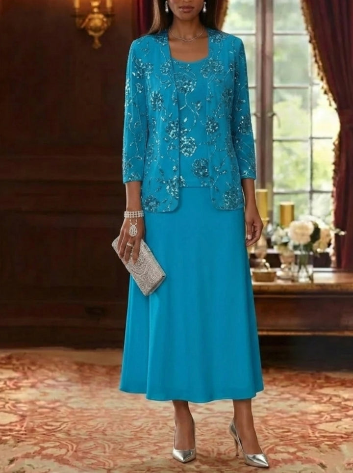 A-Line/Princess Scoop Chiffon Mother of the Bride Dresses with Jacket Sequins Tea-Length 3/4 Sleeves Floral