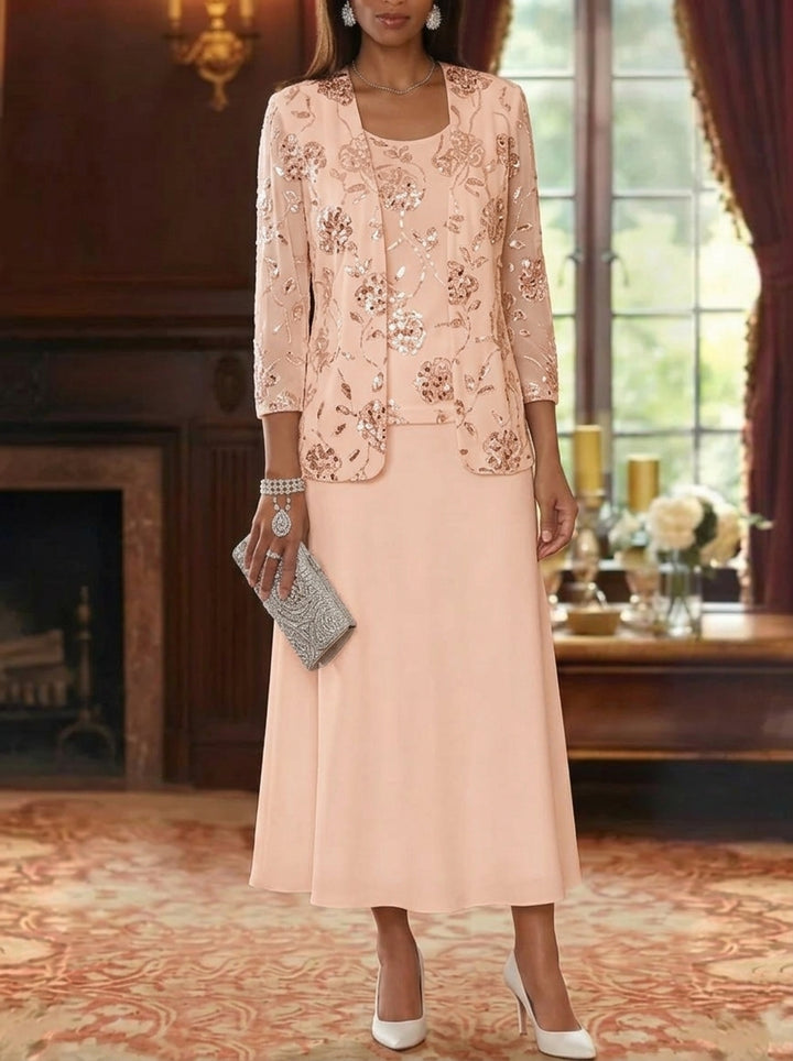 A-Line/Princess Scoop Chiffon Mother of the Bride Dresses with Jacket Sequins Tea-Length 3/4 Sleeves Floral