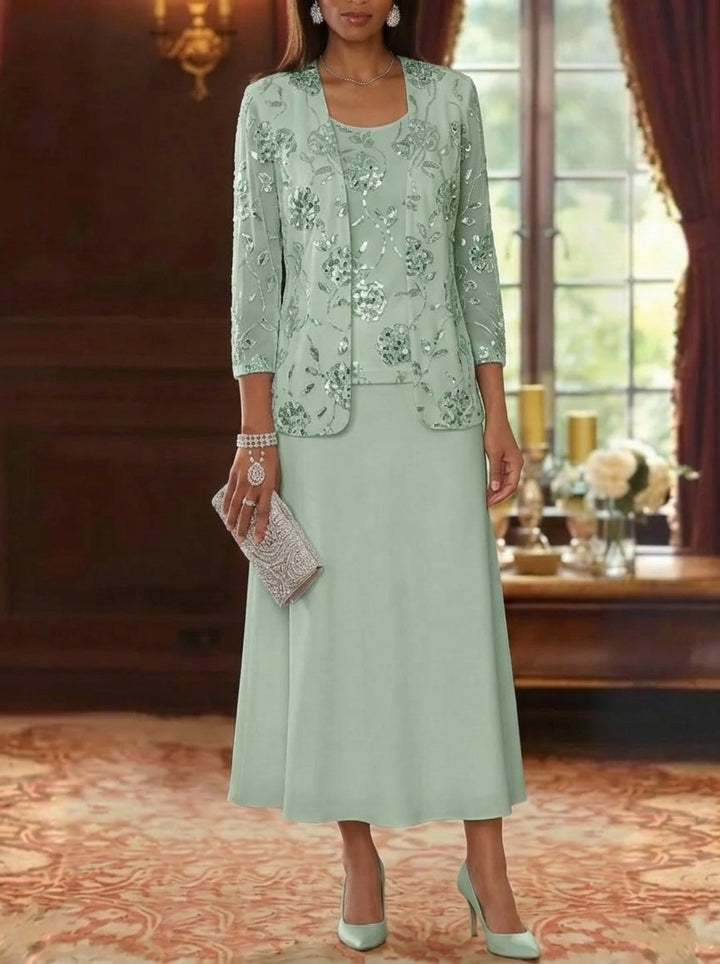 A-Line/Princess Scoop Chiffon Mother of the Bride Dresses with Jacket Sequins Tea-Length 3/4 Sleeves Floral