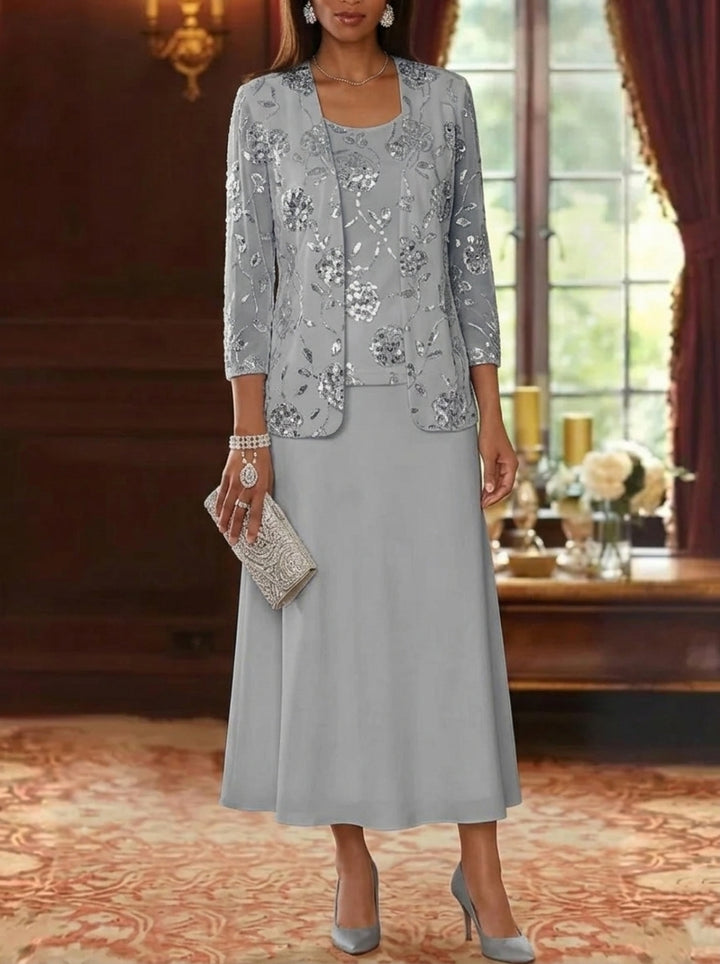 A-Line/Princess Scoop Chiffon Mother of the Bride Dresses with Jacket Sequins Tea-Length 3/4 Sleeves Floral