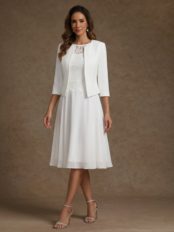 A-Line/Princess Scoop Chiffon Mother of the Bride Dresses with Jacket Lace Floral Tea-Length 3/4 Sleeves