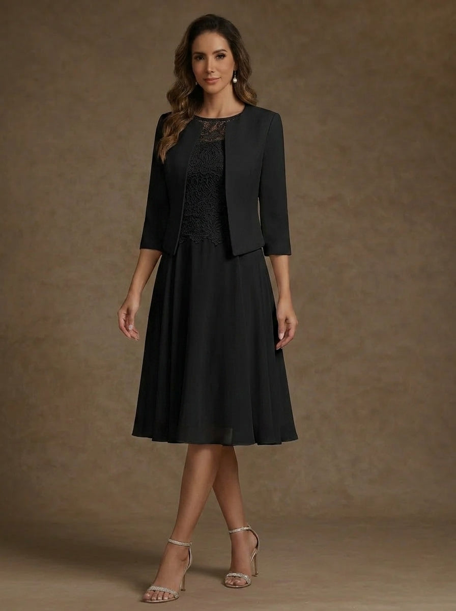 A-Line/Princess Scoop Chiffon Mother of the Bride Dresses with Jacket Lace Floral Tea-Length 3/4 Sleeves