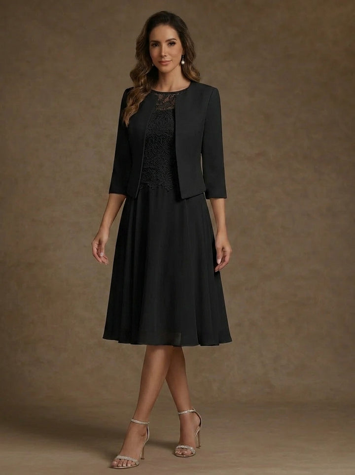 A-Line/Princess Scoop Chiffon Mother of the Bride Dresses with Jacket Lace Floral Tea-Length 3/4 Sleeves