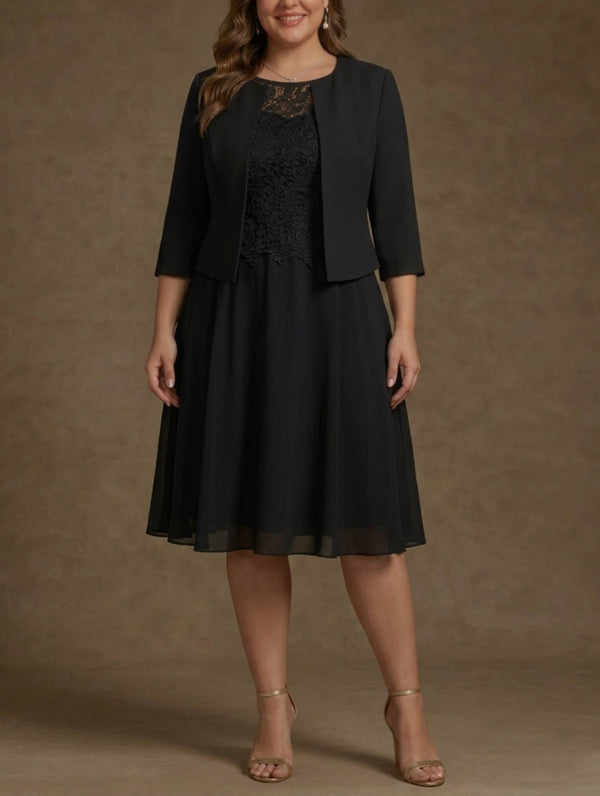 A-Line/Princess Scoop Chiffon Plus Size Mother of the Bride Dresses with Jacket Lace Floral Tea-Length 3/4 Sleeves