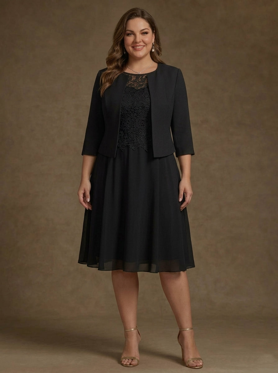 A-Line/Princess Scoop Chiffon Plus Size Mother of the Bride Dresses with Jacket Lace Floral Tea-Length 3/4 Sleeves