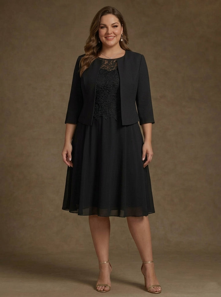 A-Line/Princess Scoop Chiffon Plus Size Mother of the Bride Dresses with Jacket Lace Floral Tea-Length 3/4 Sleeves