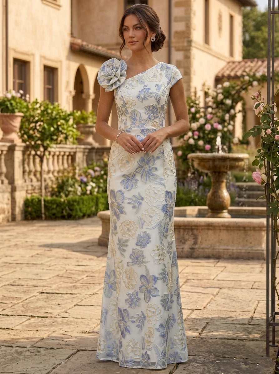Sheath/Column Asymmetrical Neck Jacquard Mother of the Bride Dresses Floral Sleeveless Floor-Length 3D Flower, As Pic