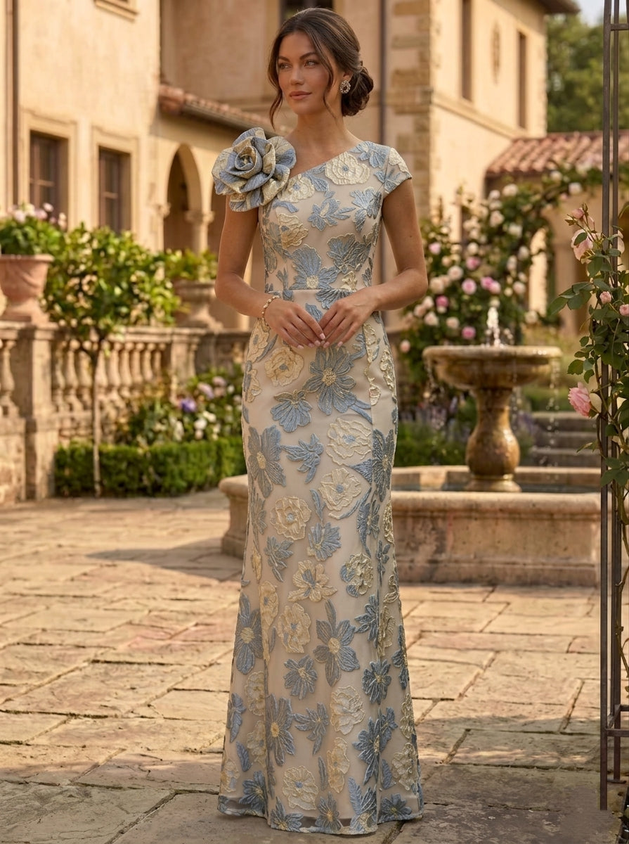 Sheath/Column Asymmetrical Neck Jacquard Mother of the Bride Dresses Floral Sleeveless Floor-Length 3D Flower