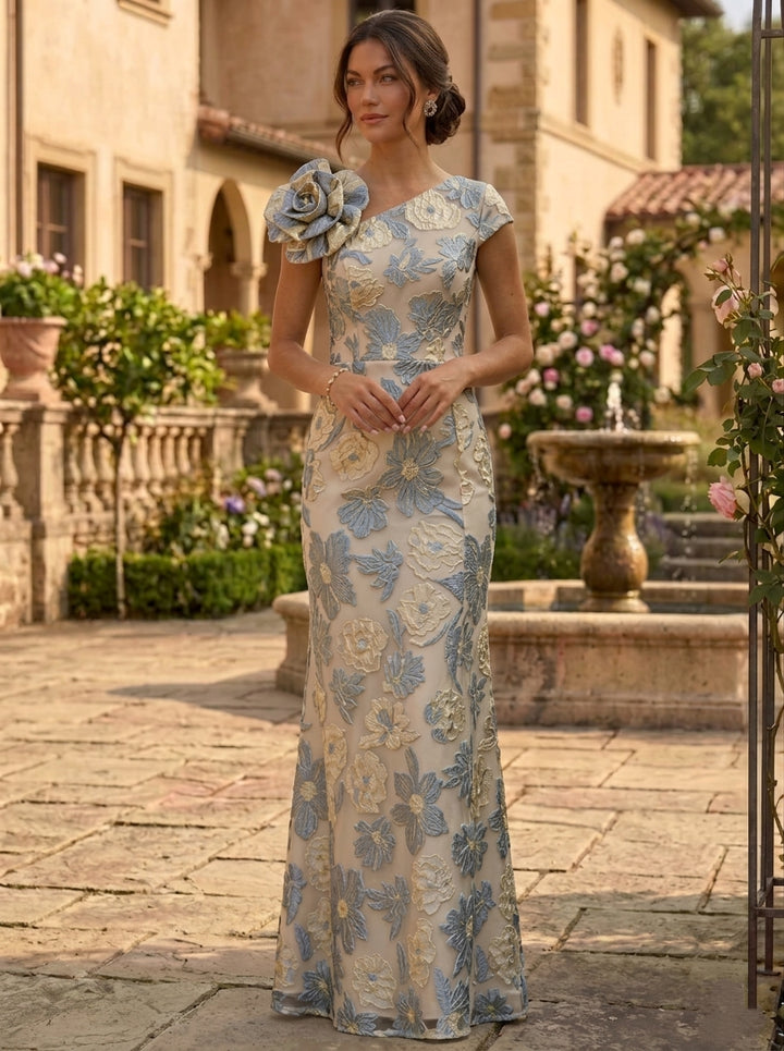 Sheath/Column Asymmetrical Neck Jacquard Mother of the Bride Dresses Floral Sleeveless Floor-Length 3D Flower