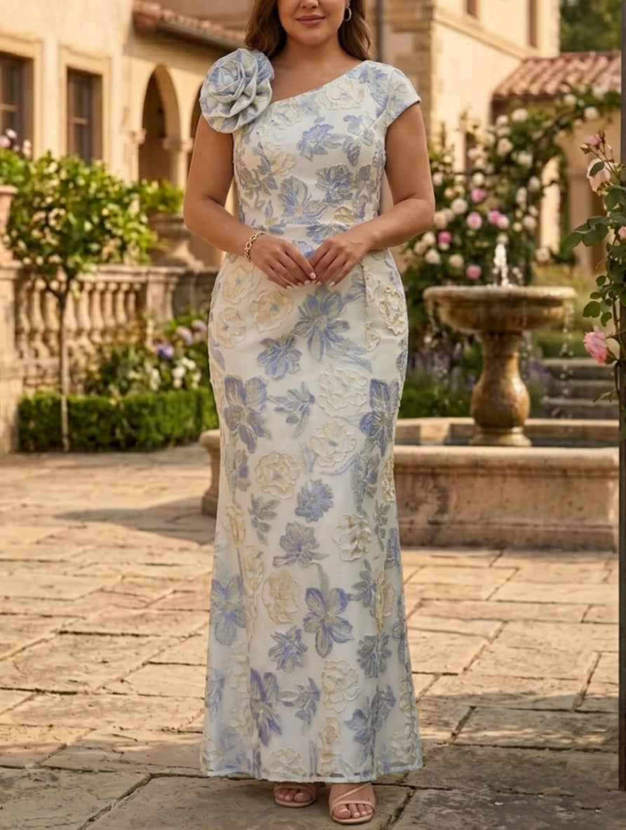 Sheath/Column Asymmetrical Neck Jacquard Plus Size Mother of the Bride Dresses Floral Sleeveless Floor-Length 3D Flower