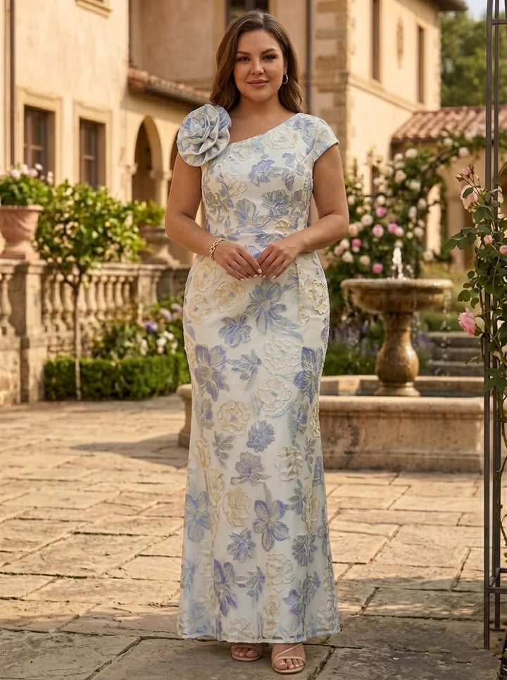 Sheath/Column Asymmetrical Neck Jacquard Plus Size Mother of the Bride Dresses Floral Sleeveless Floor-Length 3D Flower