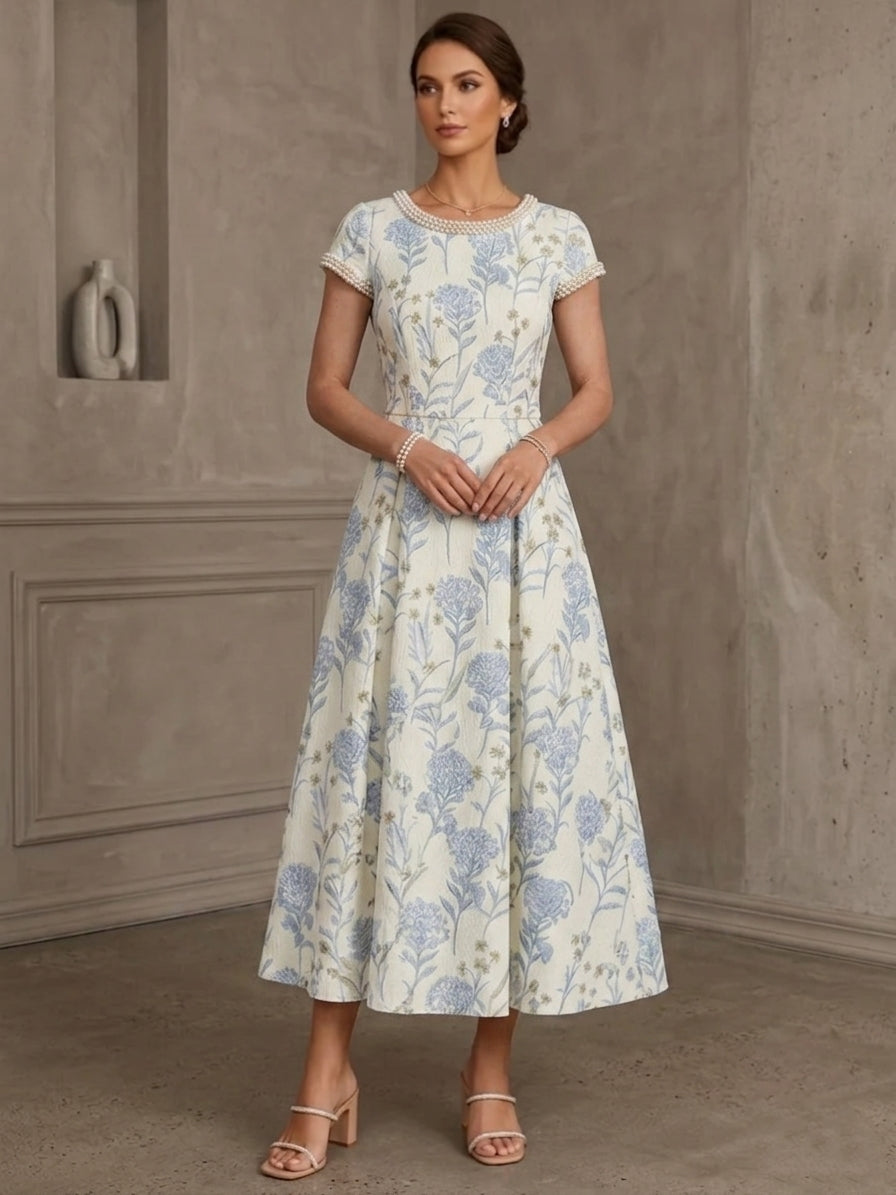 A-Line/Princess Scoop Jacquard Mother of the Bride Dresses Floral Short Sleeves Tea-Length Beading