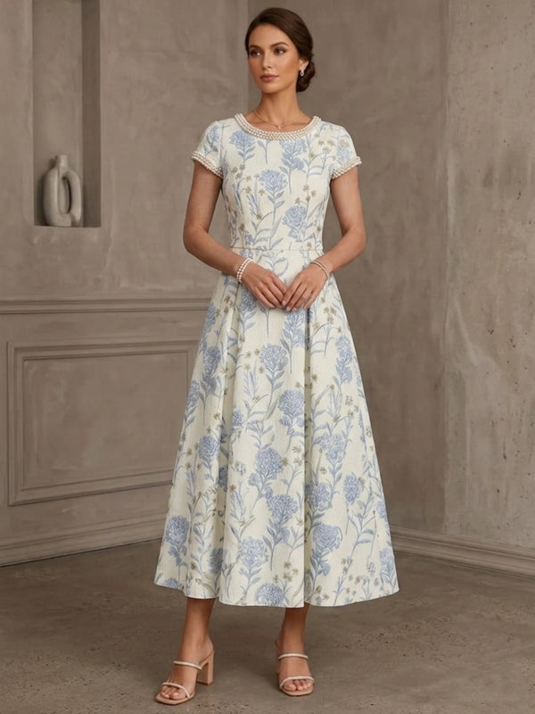 A-Line/Princess Scoop Jacquard Mother of the Bride Dresses Floral Short Sleeves Tea-Length Beading