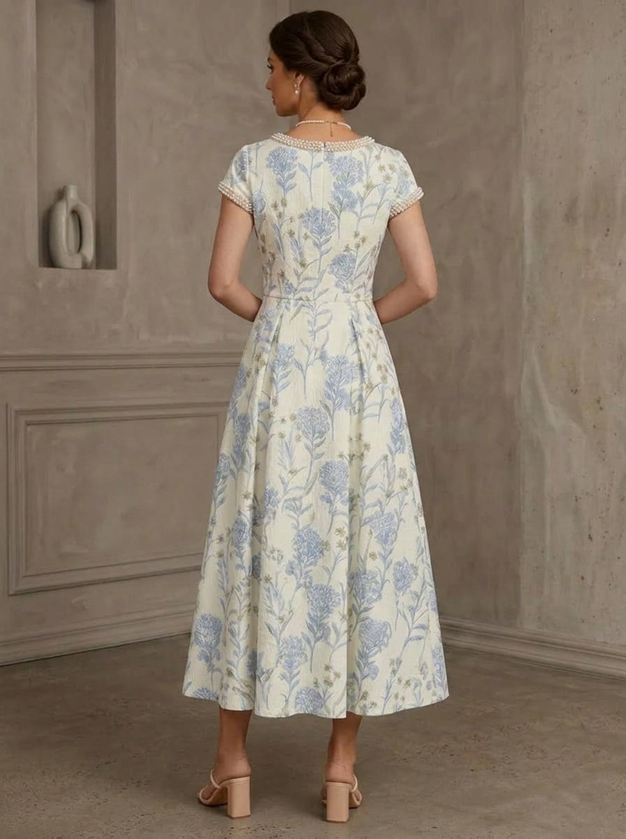 A-Line/Princess Scoop Jacquard Mother of the Bride Dresses Floral Short Sleeves Tea-Length Beading, As Pic