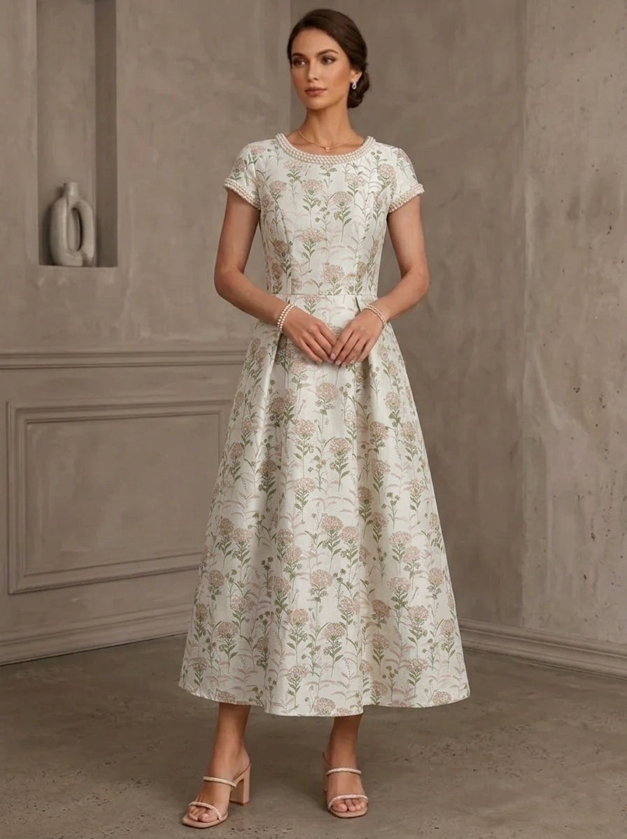 A-Line/Princess Scoop Jacquard Mother of the Bride Dresses Floral Short Sleeves Tea-Length Beading