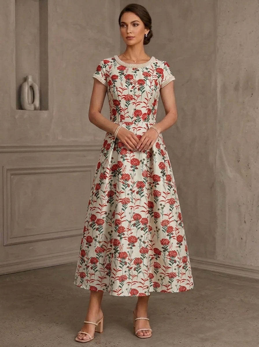 A-Line/Princess Scoop Jacquard Mother of the Bride Dresses Floral Short Sleeves Tea-Length Beading