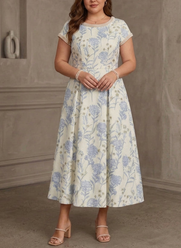 A-Line/Princess Scoop Jacquard Plus Size Mother of the Bride Dresses Floral Short Sleeves Tea-Length Beading