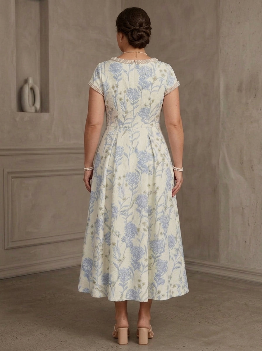 A-Line/Princess Scoop Jacquard Plus Size Mother of the Bride Dresses Floral Short Sleeves Tea-Length Beading
