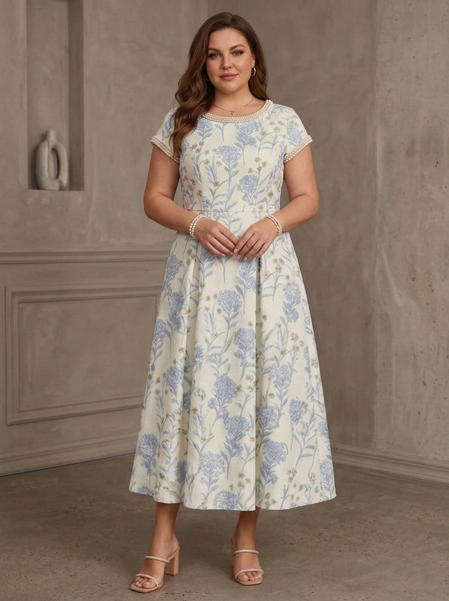 A-Line/Princess Scoop Jacquard Plus Size Mother of the Bride Dresses Floral Short Sleeves Tea-Length Beading