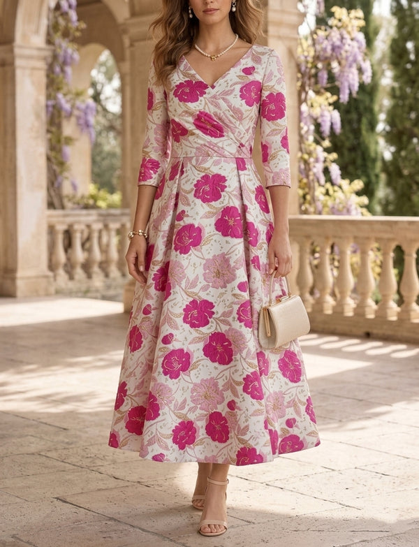 A-Line/Princess V-Neck Jacquard Mother of the Bride Dresses Floral Tea-Length 3/4 Sleeves