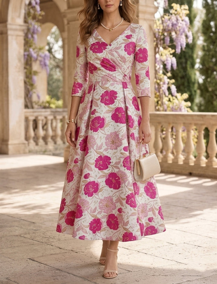 A-Line/Princess V-Neck Jacquard Mother of the Bride Dresses Floral Tea-Length 3/4 Sleeves