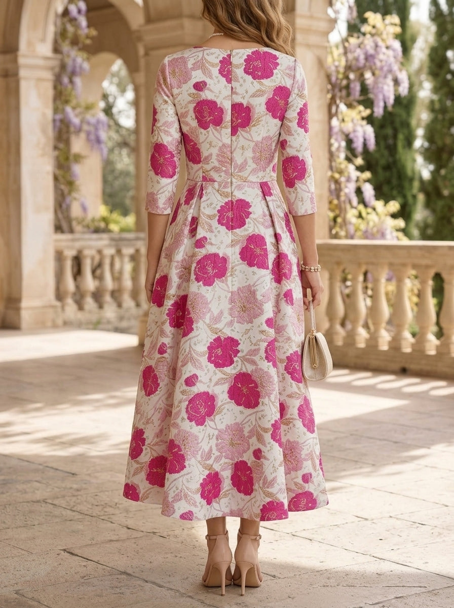 A-Line/Princess V-Neck Jacquard Mother of the Bride Dresses Floral Tea-Length 3/4 Sleeves