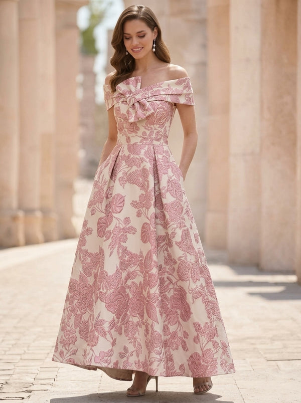 A-Line/Princess Off-the-Shoulder Jacquard Mother of the Bride Dresses with Bowknot Floral Ankle-Length Sleeveless