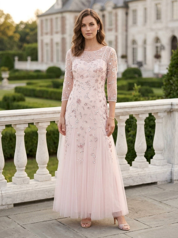 A-Line/Princess Scoop Tulle Mother of the Bride Dresses Sequins Floral Ankle-Length 3/4 Sleeves