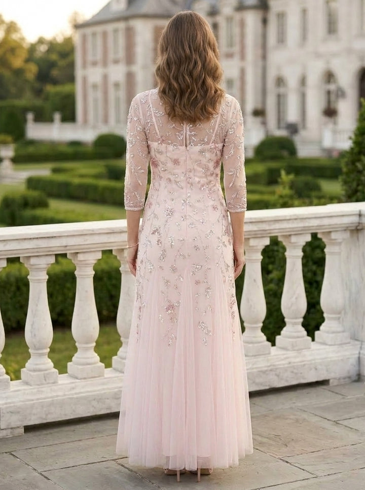 A-Line/Princess Scoop Tulle Mother of the Bride Dresses Sequins Floral Ankle-Length 3/4 Sleeves