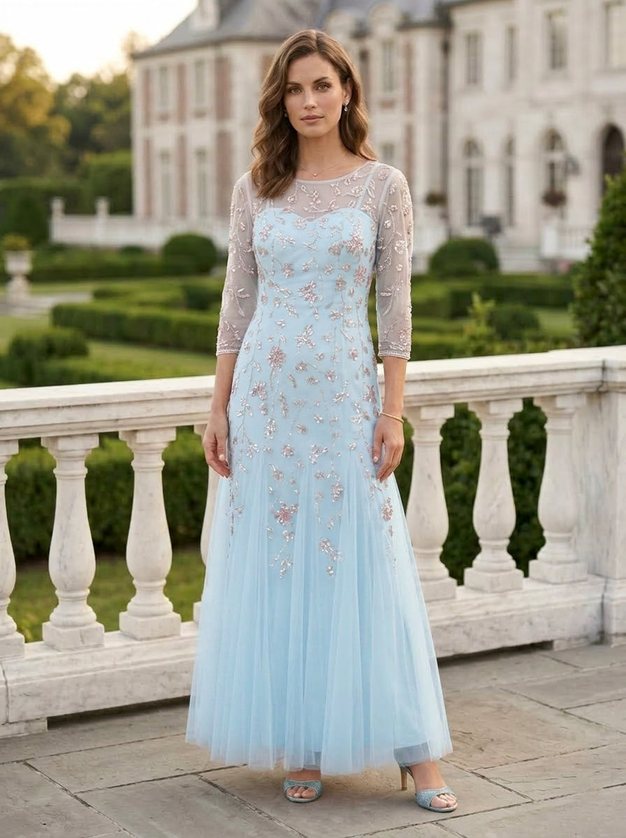 A-Line/Princess Scoop Tulle Mother of the Bride Dresses Sequins Floral Ankle-Length 3/4 Sleeves, Pink