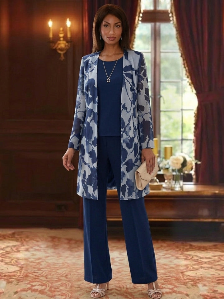 3 Pieces Suit Scoop Chiffon Mother of the Bride Pantsuits with Jacket Floral Long Sleeves Ankle-Length