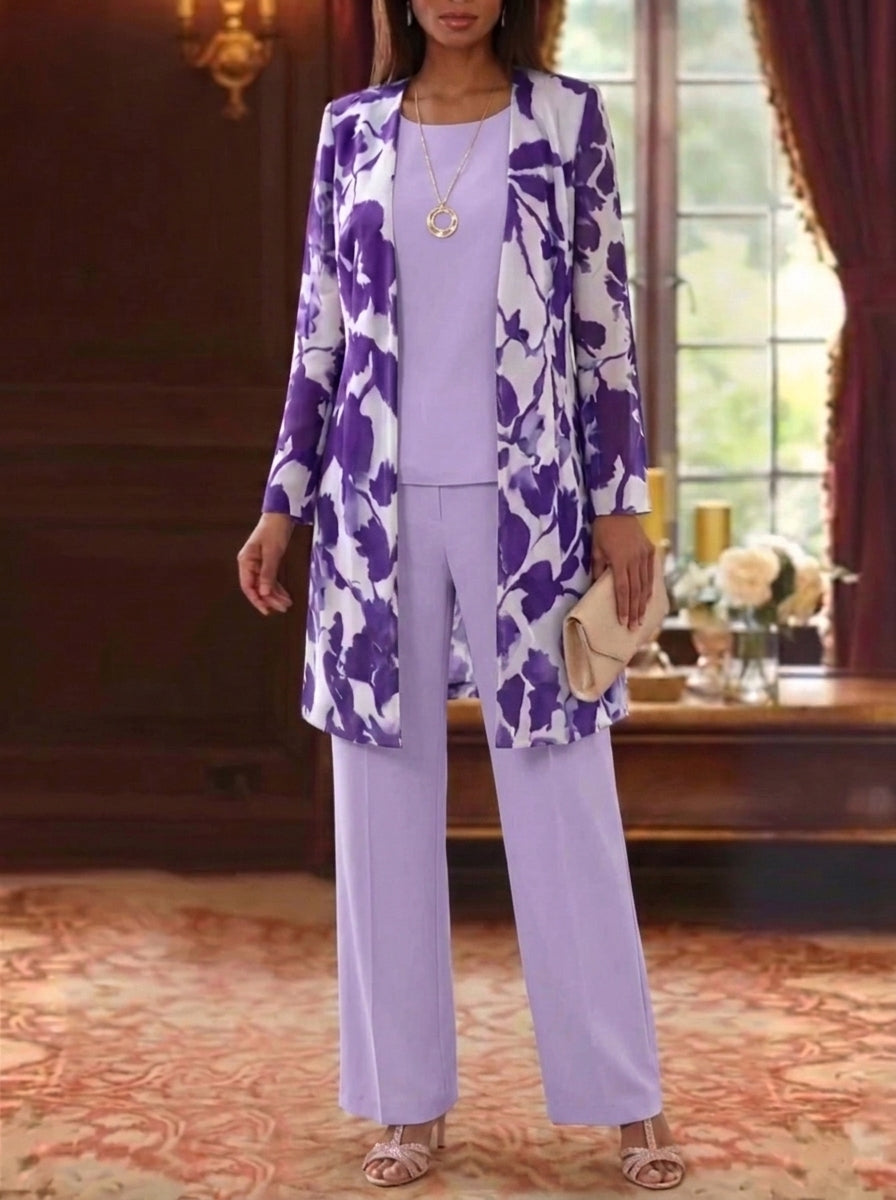 3 Pieces Suit Scoop Chiffon Mother of the Bride Pantsuits with Jacket Floral Long Sleeves Ankle-Length