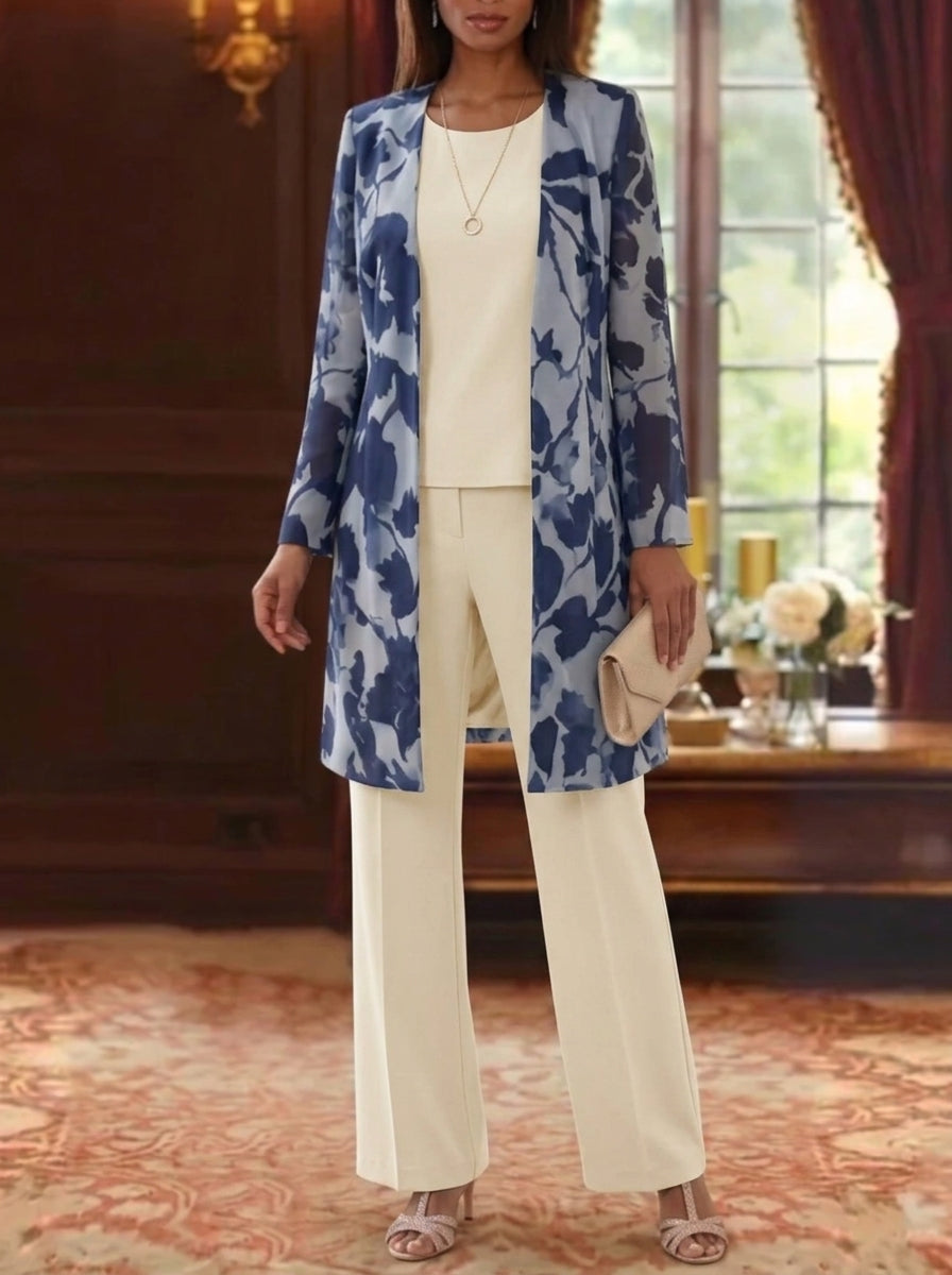 3 Pieces Suit Scoop Chiffon Mother of the Bride Pantsuits with Jacket Floral Long Sleeves Ankle-Length