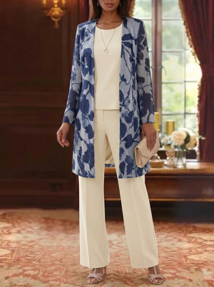 3 Pieces Suit Scoop Chiffon Mother of the Bride Pantsuits with Jacket Floral Long Sleeves Ankle-Length