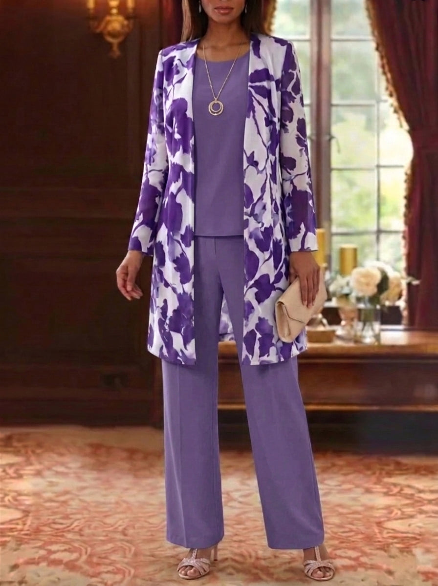 3 Pieces Suit Scoop Chiffon Mother of the Bride Pantsuits with Jacket Floral Long Sleeves Ankle-Length