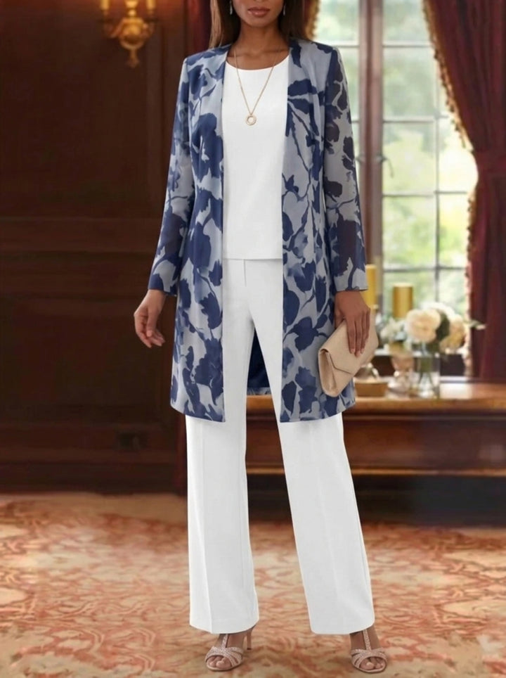 3 Pieces Suit Scoop Chiffon Mother of the Bride Pantsuits with Jacket Floral Long Sleeves Ankle-Length