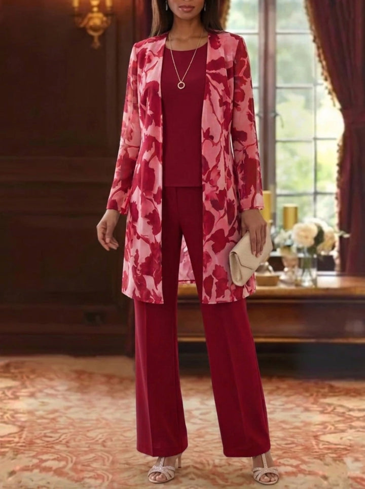3 Pieces Suit Scoop Chiffon Mother of the Bride Pantsuits with Jacket Floral Long Sleeves Ankle-Length