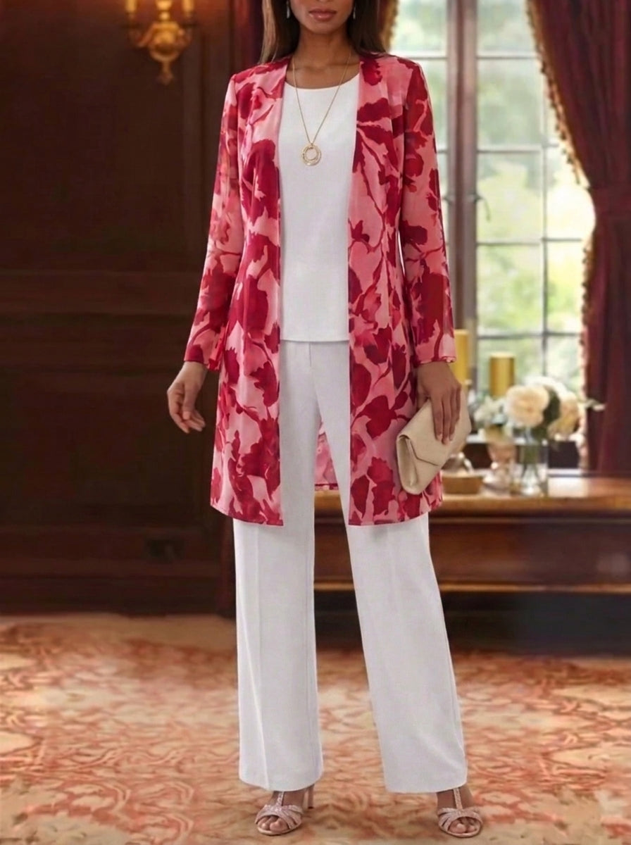 3 Pieces Suit Scoop Chiffon Mother of the Bride Pantsuits with Jacket Floral Long Sleeves Ankle-Length