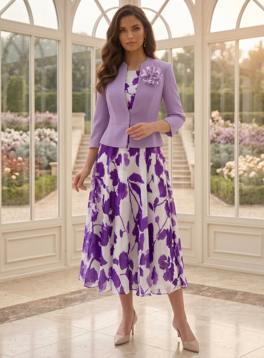 2 Pieces A-Line/Princess Scoop Chiffon Mother of the Bride Dresses with Jacket Stretch Satin Floral 3/4 Sleeves Tea-Length 3D Flower