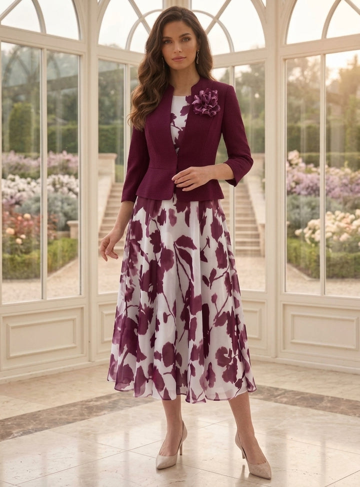 2 Pieces A-Line/Princess Scoop Chiffon Mother of the Bride Dresses with Jacket Stretch Satin Floral 3/4 Sleeves Tea-Length 3D Flower