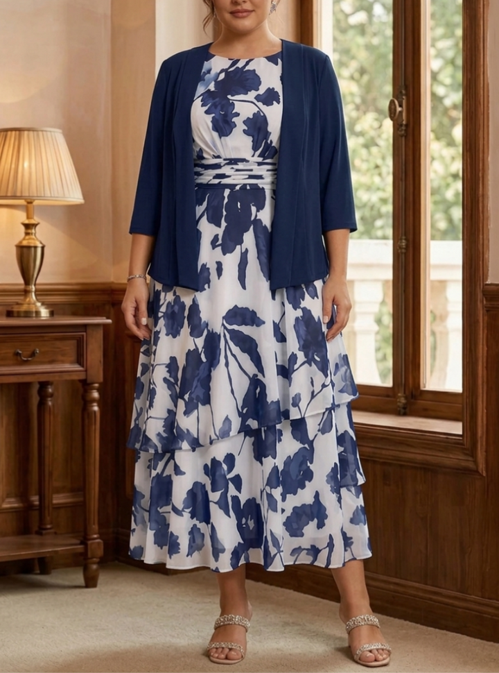 2 Pieces A-Line/Princess Scoop Plus Size Chiffon Mother of the Bride Dresses with Jacket Floral 3/4 Sleeves Tea-Length Ruched Ruffles