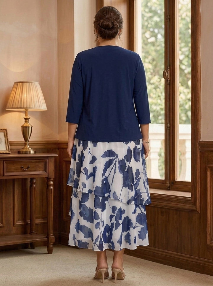 2 Pieces A-Line/Princess Scoop Plus Size Chiffon Mother of the Bride Dresses with Jacket Floral 3/4 Sleeves Tea-Length Ruched Ruffles