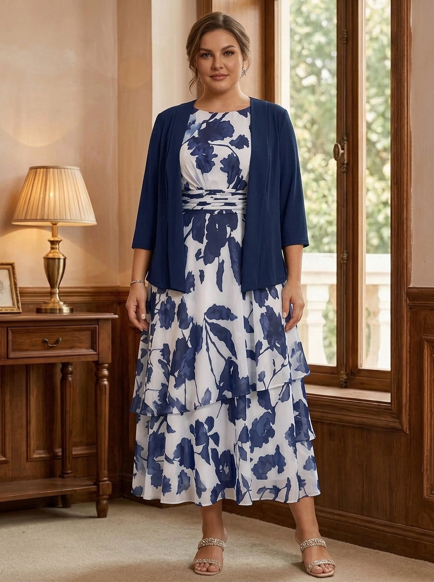 2 Pieces A-Line/Princess Scoop Plus Size Chiffon Mother of the Bride Dresses with Jacket Floral 3/4 Sleeves Tea-Length Ruched Ruffles