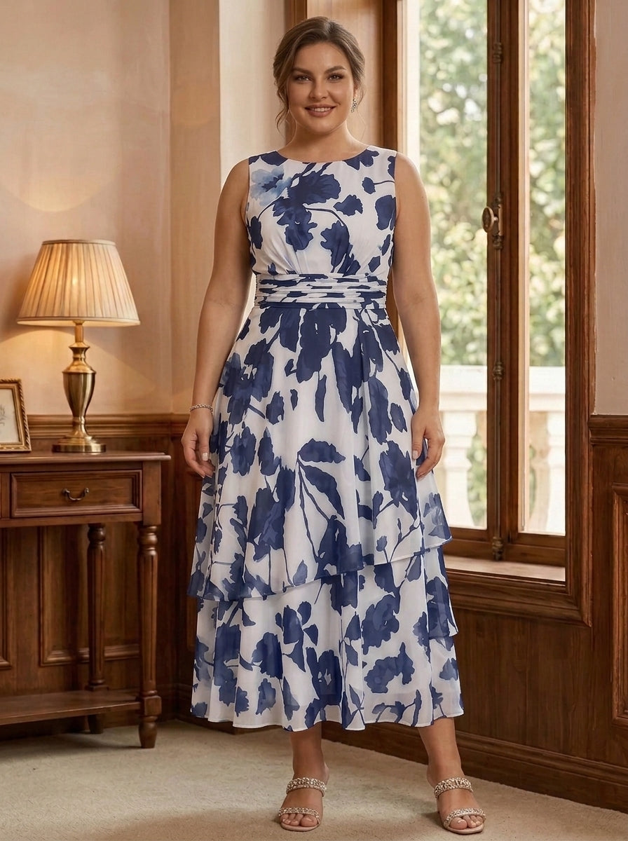 2 Pieces A-Line/Princess Scoop Plus Size Chiffon Mother of the Bride Dresses with Jacket Floral 3/4 Sleeves Tea-Length Ruched Ruffles