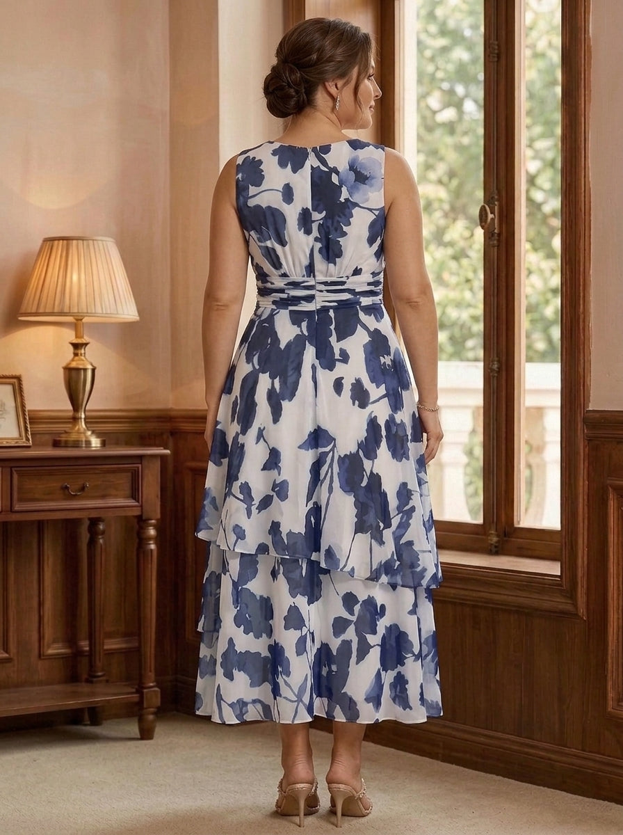 2 Pieces A-Line/Princess Scoop Plus Size Chiffon Mother of the Bride Dresses with Jacket Floral 3/4 Sleeves Tea-Length Ruched Ruffles